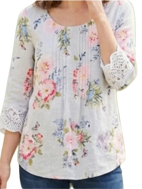 J. Jill Floral Scoop-Neck Crochet Sleeve Line Blouse - White with Pink & Blue - Picture 1 of 7